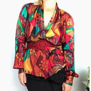 Rare Vintage 80s Carlisle Satin Silk Wrap Blouse